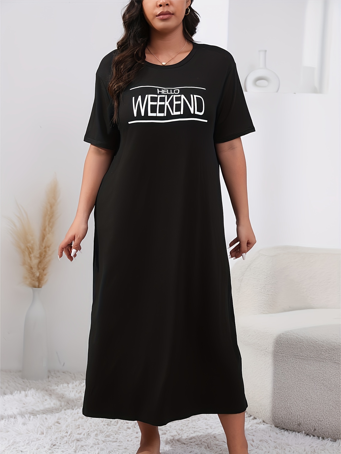 Women's Plus Casual Lounge Dress, Plus Size Slogan Print Short Sleeve Round Neck Sleep Dress