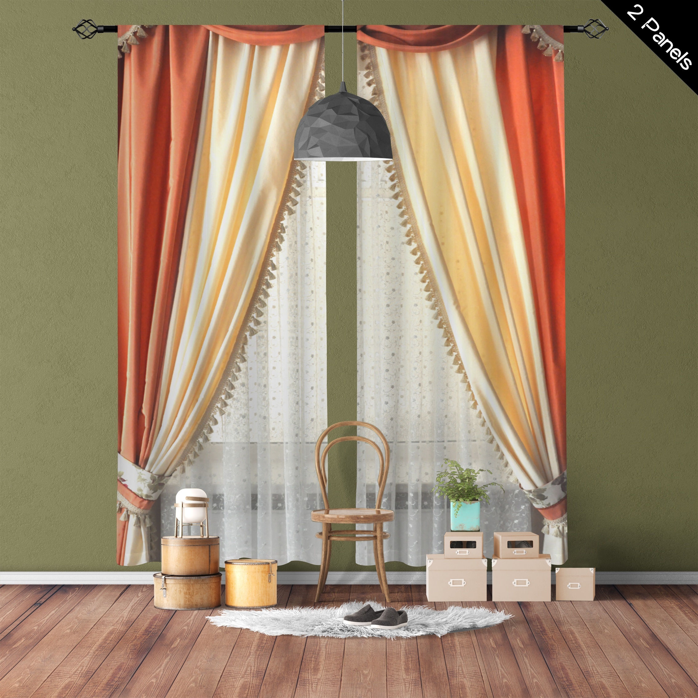 

2pcs, Printed Translucent Curtains Orange Yarn Curtain, Multi-scene Polyester Rod Pocket Decorative Curtains For Living Room Gaming Room Bedroom, Home Decor Party Supplies
