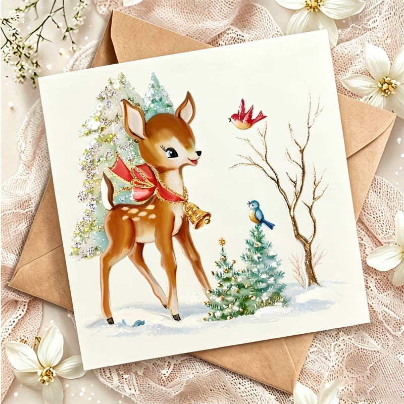 TEMU Carte de Noël 2 cartes + 2 enveloppes style vintage avec cerf, carte de vœux de fêtes à paillettes, carte vierge