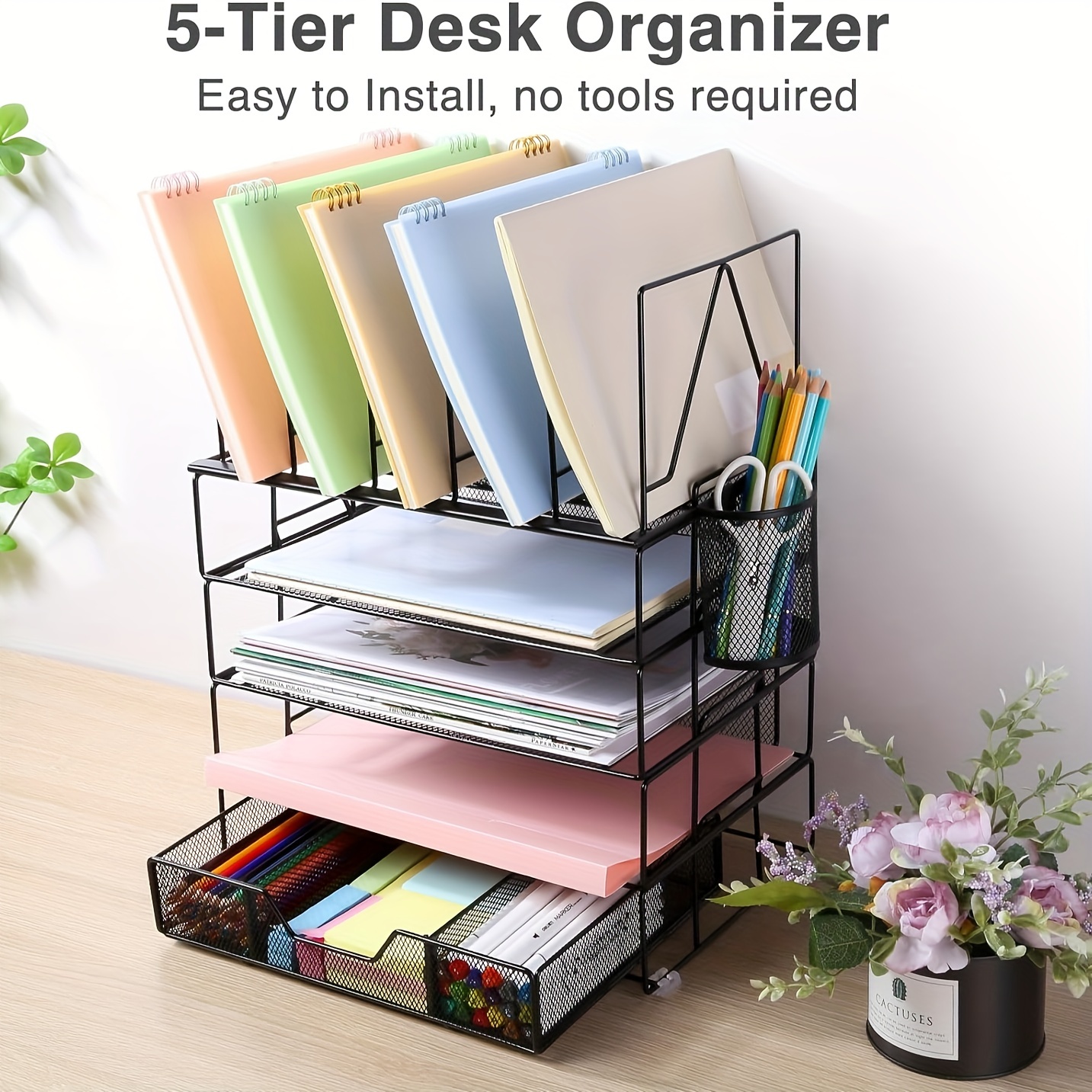 

Desk Organizers And Accessories, 5-tier Desk Organizer With File Sorters, Paper Tray, Drawer And Pen Holder, Anti-slip Silicone, Detachable File Organizer For Desk (black)