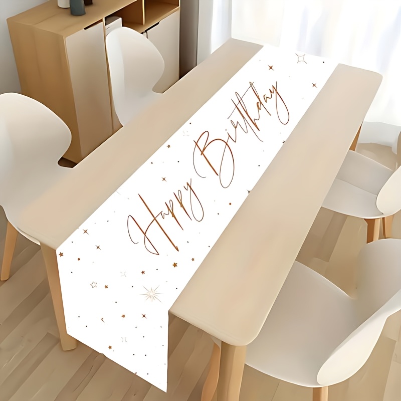 TEMU 1pc Elegant Beige Golden Shimmering Birthday Table Runner, Hand-lettered "happy Birthday" - Rectangular Party Decor, Suitable For Adults,