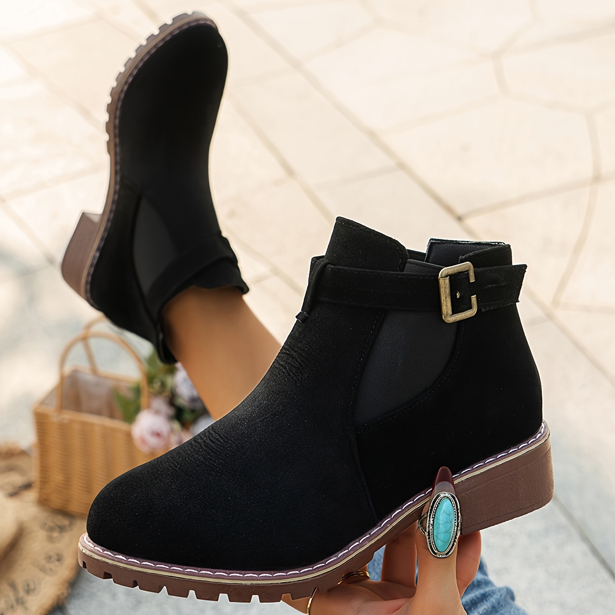 

Women's Chic Black Ankle Boots With Strap And Chunky Heel - Comfortable Fabric , Short Boots For Casual Wear, Footwear|chic Boot Design|comfortable