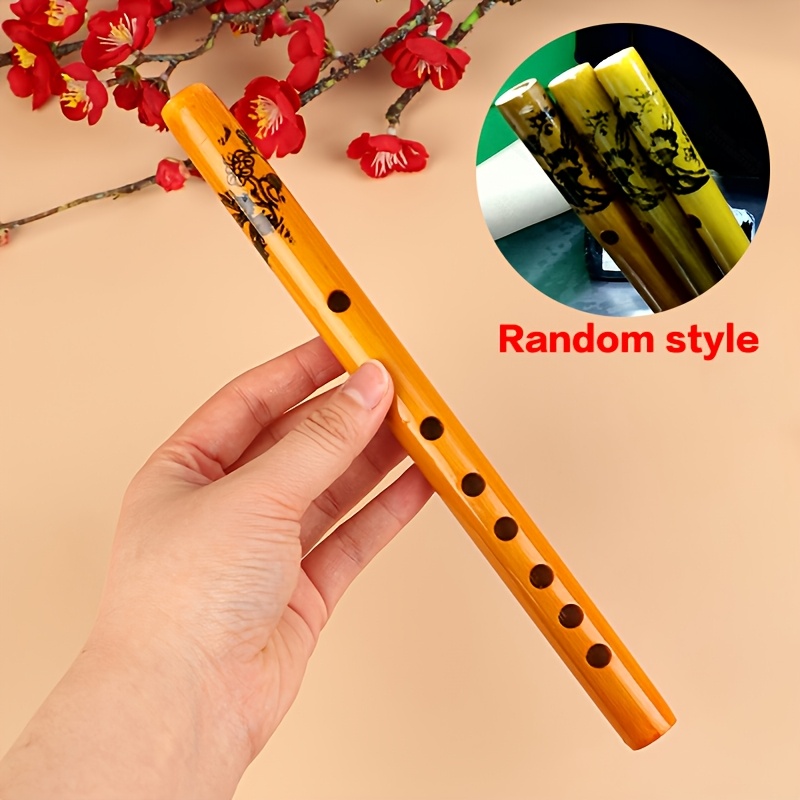 Image of 1pc Pattern Is Random Chinese Traditional Bamboo Flute | 6 Holes Vertical | Wooden Color Student Beginner Musical Instrument