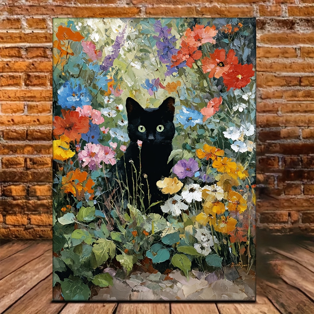 TEMU 2d Flat, One-piece Unframed Hd Oil Painting Poster - Black Cat & Vibrant Flowers Suitable For Parc France Exhibition Decor, Modern Deco Canvas