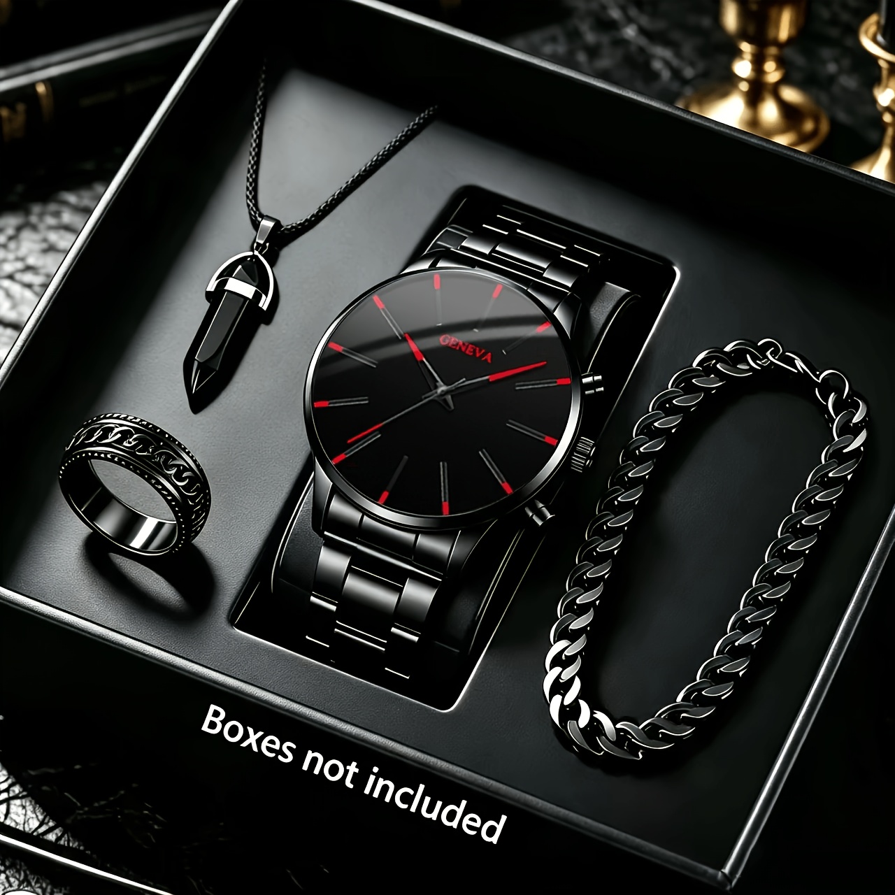 item picture 1  1pc bracelet 1pc necklace 1pc ring a stylish mens round quartz watch set with a stainless steel strap   display perfect accessory for business and casual occasions an ideal gift for  