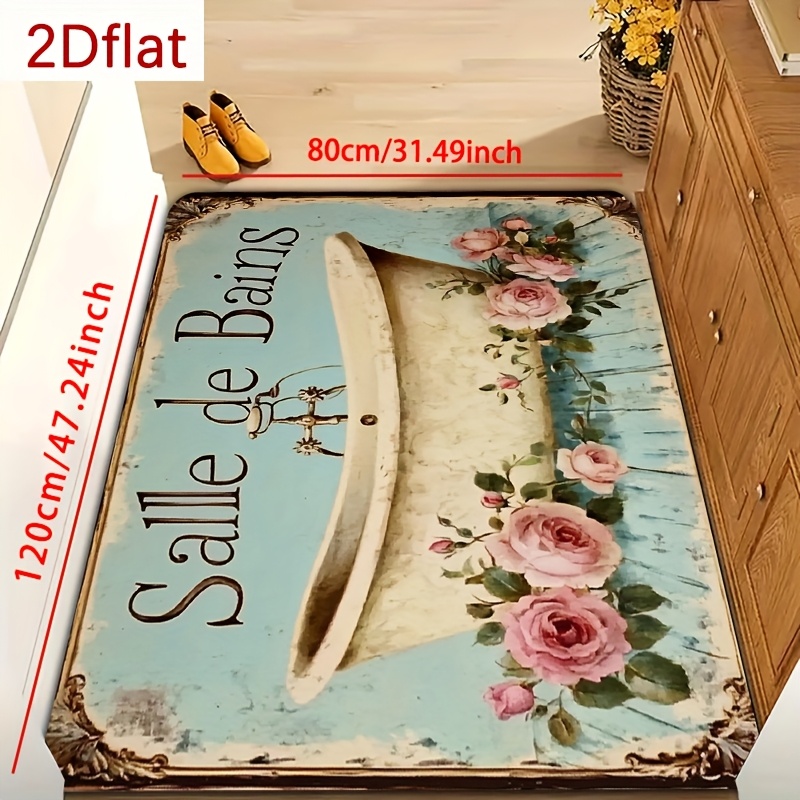 TEMU 1pc Of Retro Bathroom Rose Decorative Painting 2d Flat Printing, Flannel Carpet, 1.2cm Thickened, Doorway Carpet, Non-slip And Easy To Clean,
