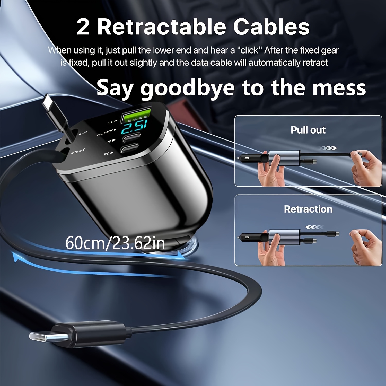 120W Бързо сгъваемо автомобилно зарядно с 2 USB Type-C кабела - Щепсел, без батерия, решение за зареждане в кола | Компактно зарядно | Сгъваем кабел, бързо зареждане за автомобили