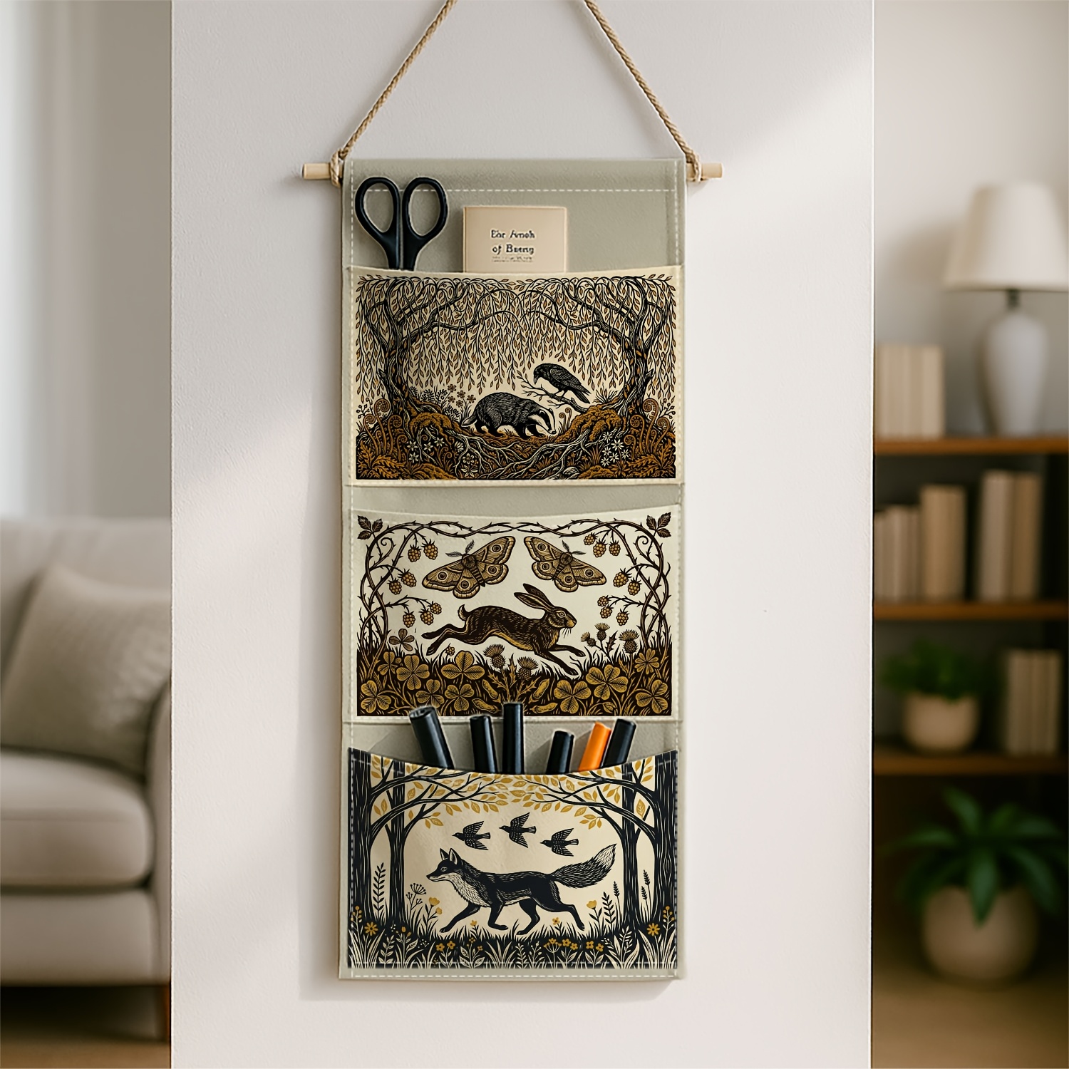TEMU 1pc Vintage Folklore Woodland Wall-mounted Storage Bag With Multiple Compartments, Badger Fox,perfect For Bedroom Organization, Dorm Decor, And