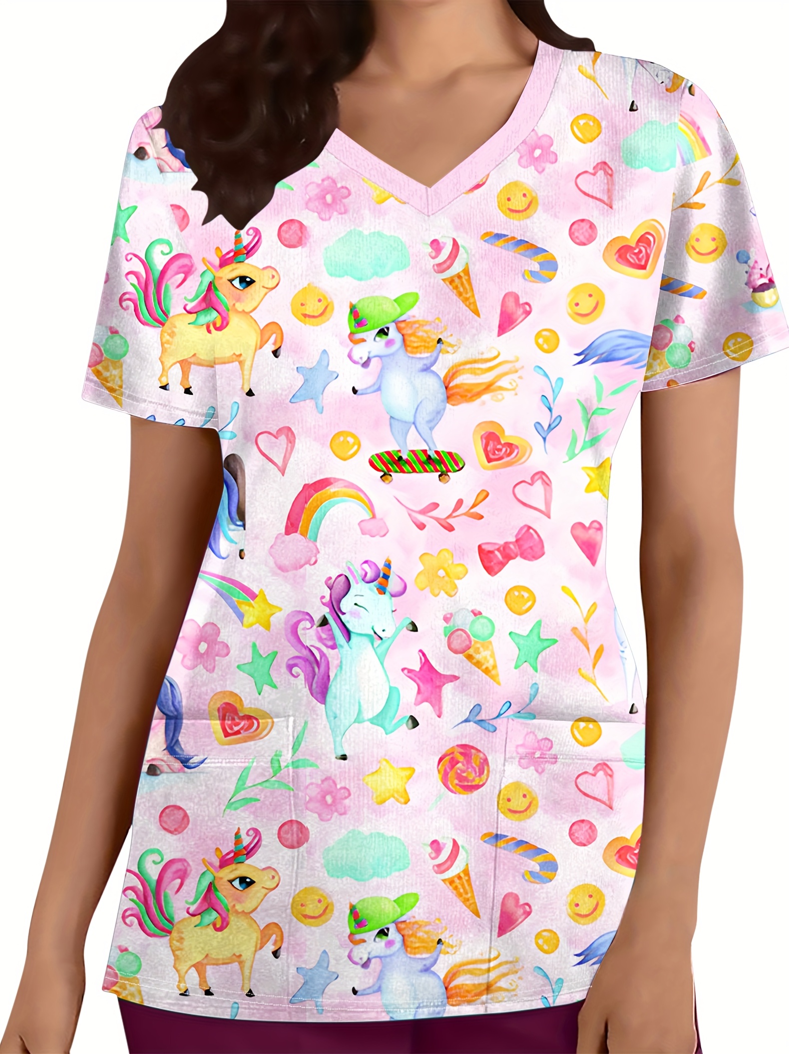womens cute unicorn print v neck scrub top pockets Temu