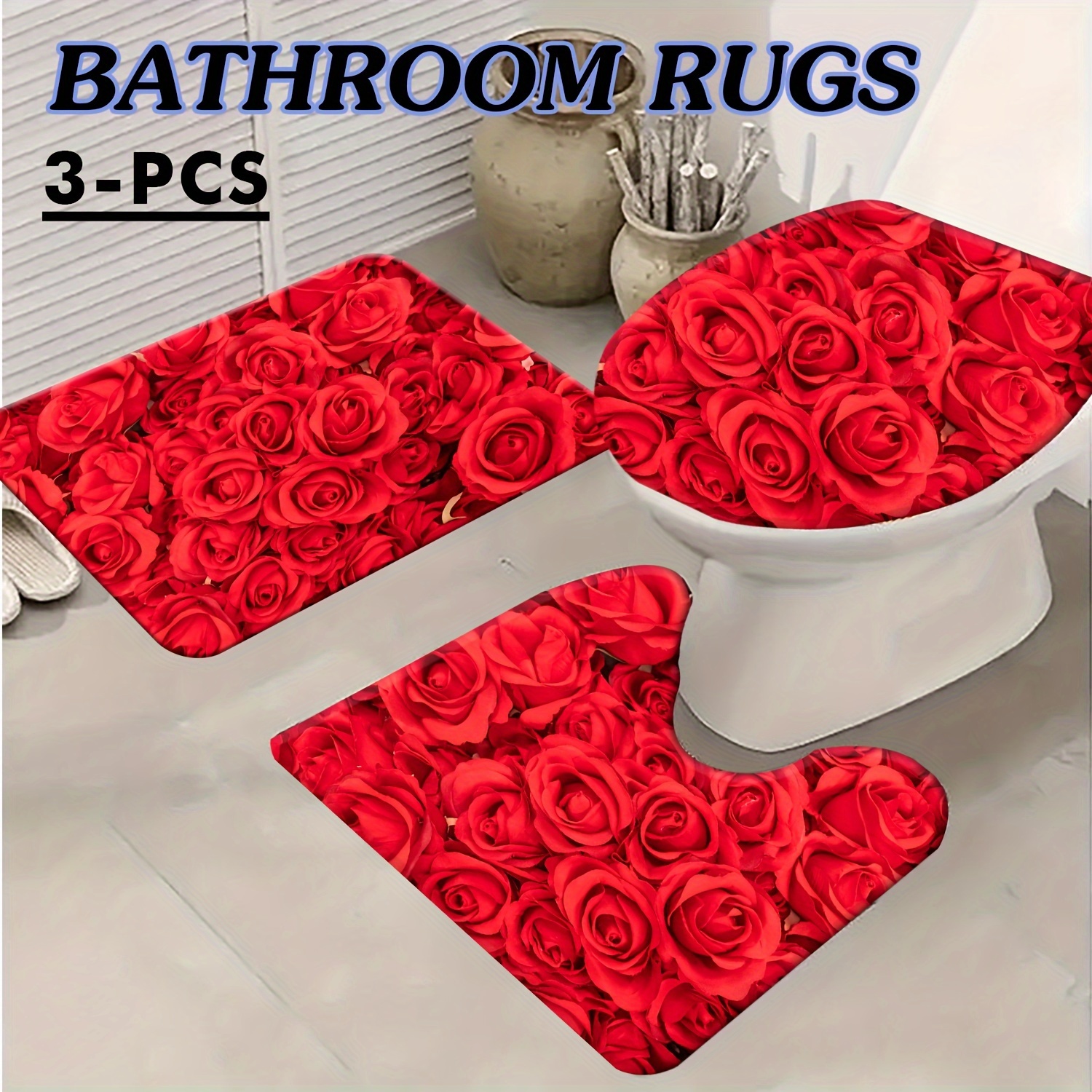 

3pcs Romantic Pattern Bathroom Rug Set - Non-slip, Machine Washable Polyester Bath Mats With Toilet Lid Cover, Valentine's Decor, Bathroom Decor And Accessories