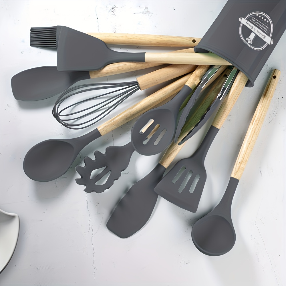 Set Di Utensili Da Cucina In Silicone 12 Pezzi - Antiaderenti, Resistenti Al Calore (-30°C A 230°C) Con Manico In Legno, Bianco