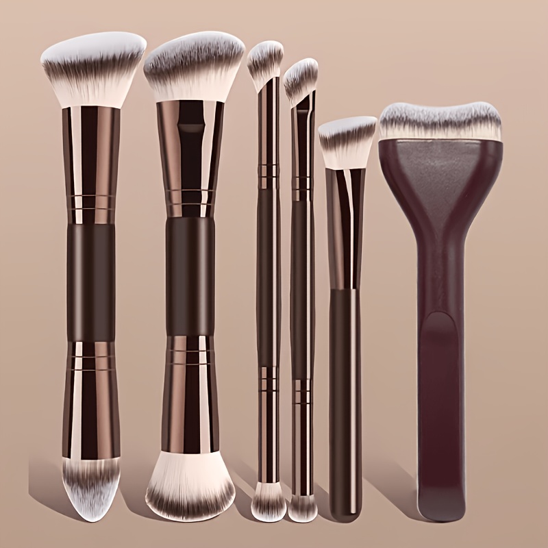 TEMU 6pcs Double-ended For Makeup Brush Set, Double-ended For Use, Shadow Flame Detail Triangular Highlighter Brush, Soft Bristles Skin, An Must-have