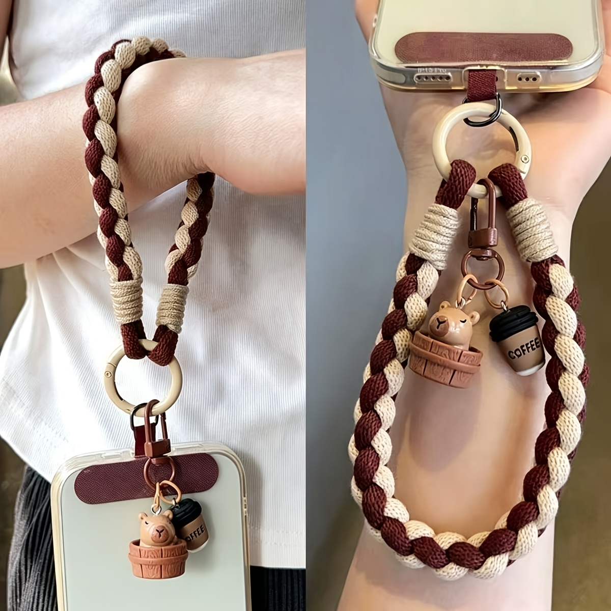 TEMU Cordón tejido para teléfono de , correa corta de muñeca con colgante de , placa fija antipérdida, llavero con cadena universal para teléfono