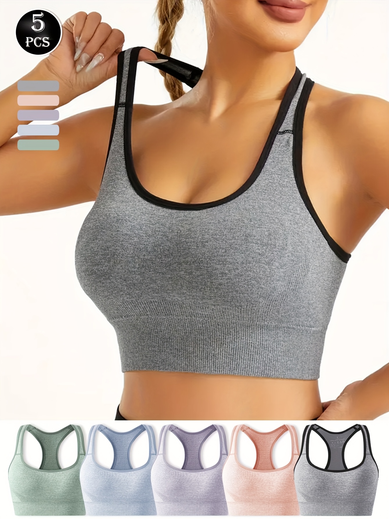 5pcs of Fashionable Seamless Sports Bras, Wide Shoulder Straps, Shockproof  Running, Gathered, No Steel Ring, Anti-Sagging, Beautiful Back Bras