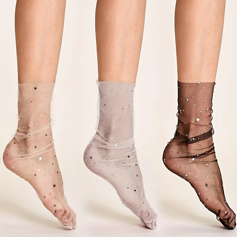 

3pcs Sheer Mesh Ankle Socks With Sequins, Breathable Nylon Mid-calf Pile Socks For Women - Assorted Colors, Cute Socks