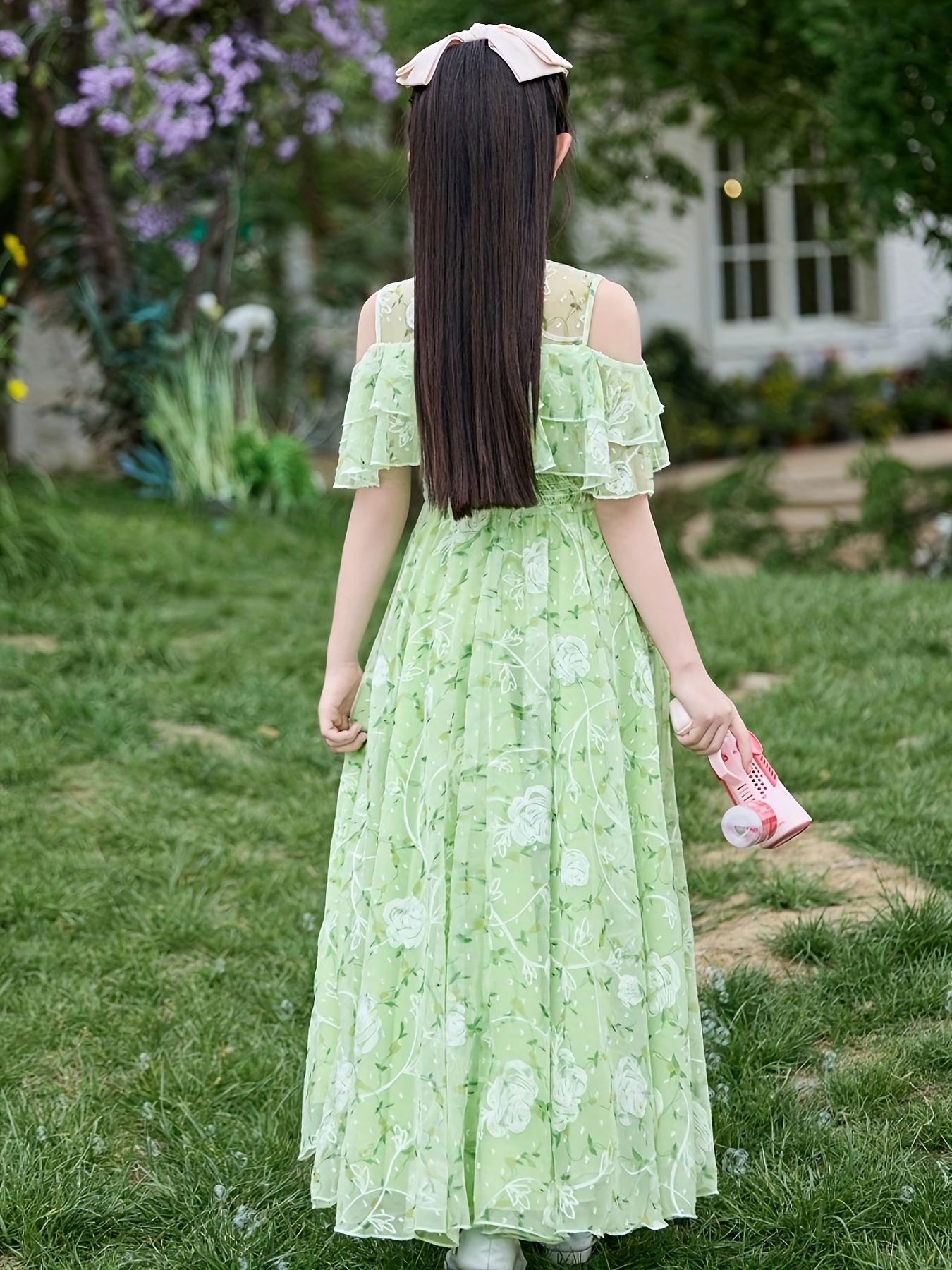 girls floral maxi dress summer shoulder green long dress - Temu Pakistan