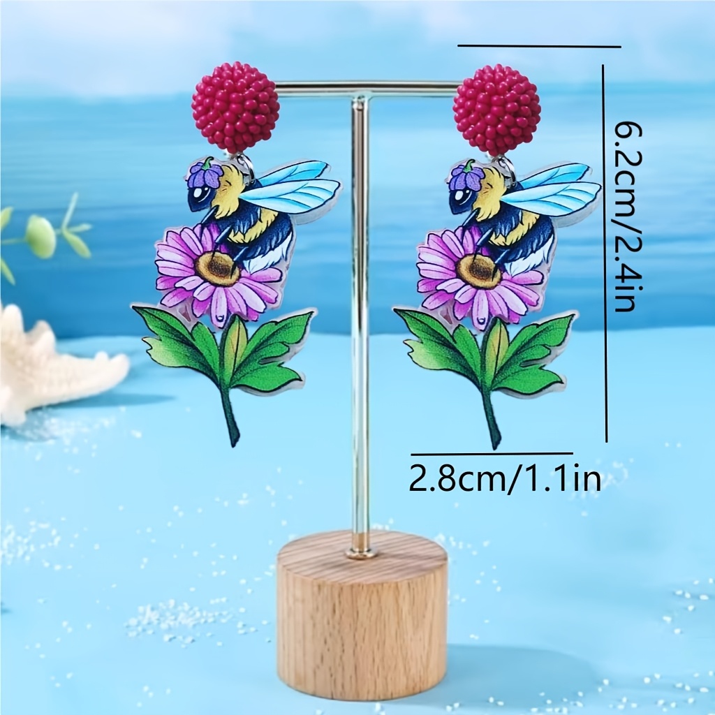 Handmade Natural Bee & Flower Dangle Earrings