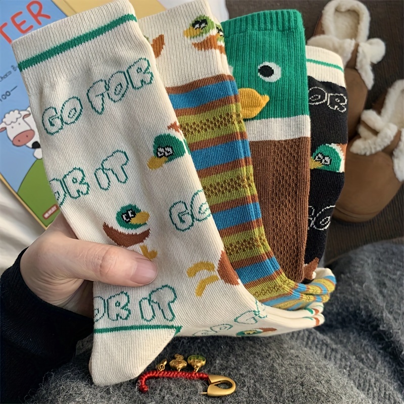 

4 Pairs Personality Cute Cartoon Duck Pattern Socks, Comfy & Breathable Mid Tube Socks, Women's Stockings & Hosiery