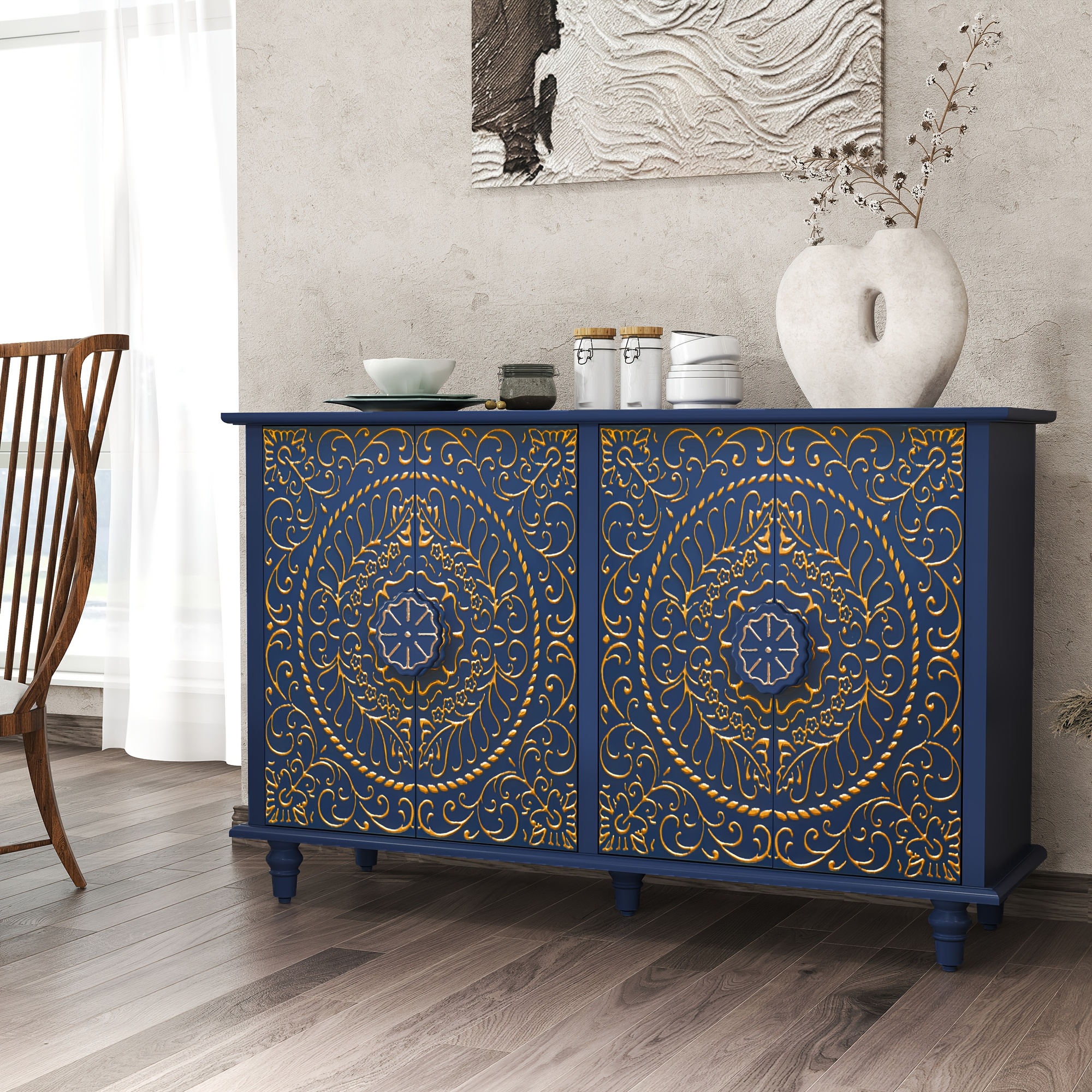 Image of 47" Vintage Accent Cabinet With , Decorative Storage Cabinet With Carved Flower Pattern, Sideboard Buffet With Storage, Credenza With Solid Wood Legs For Entryway, Living Room, Kitchen, Dining Room