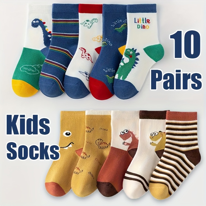 10 Pairs Of Cute And Stylish Dinosaur-themed Mid-calf Socks For Boys