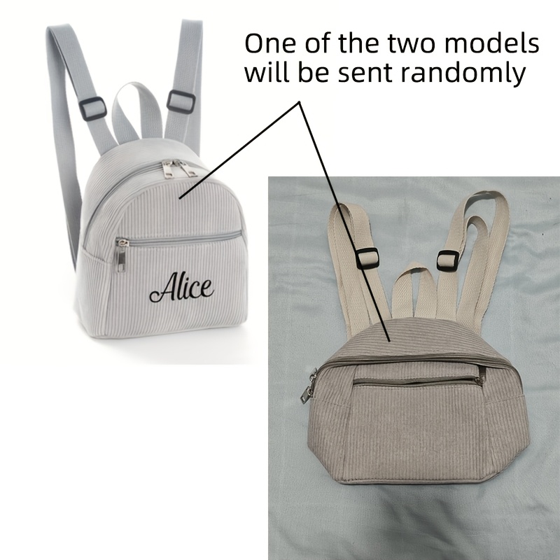 TEMU Personalized Embroidered Custom Name Corduroy Mini Backpack - Gray Bag Be Sent - Lightweight Adjustable Shoulder Straps, Zipper Closure,