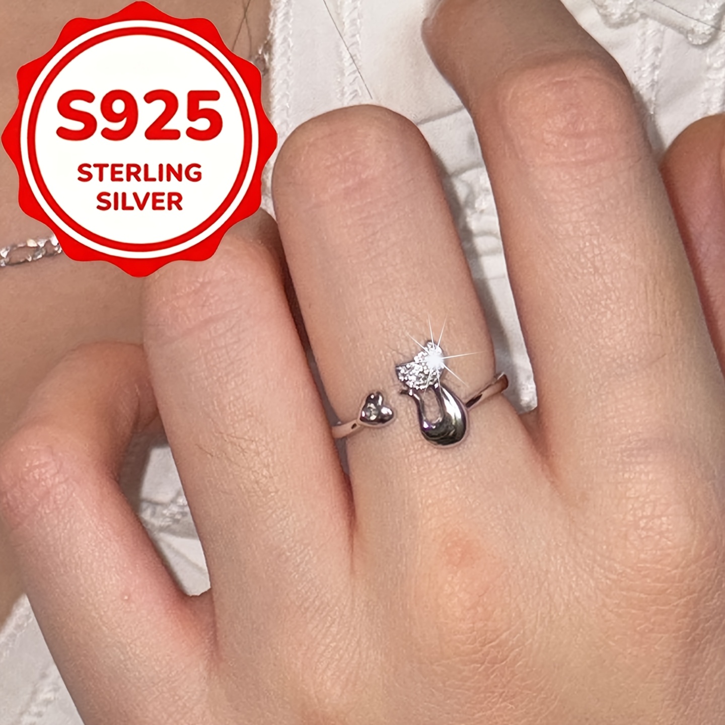 Women's S925 Silver Cute Cat Ring with Zirconia, Gift