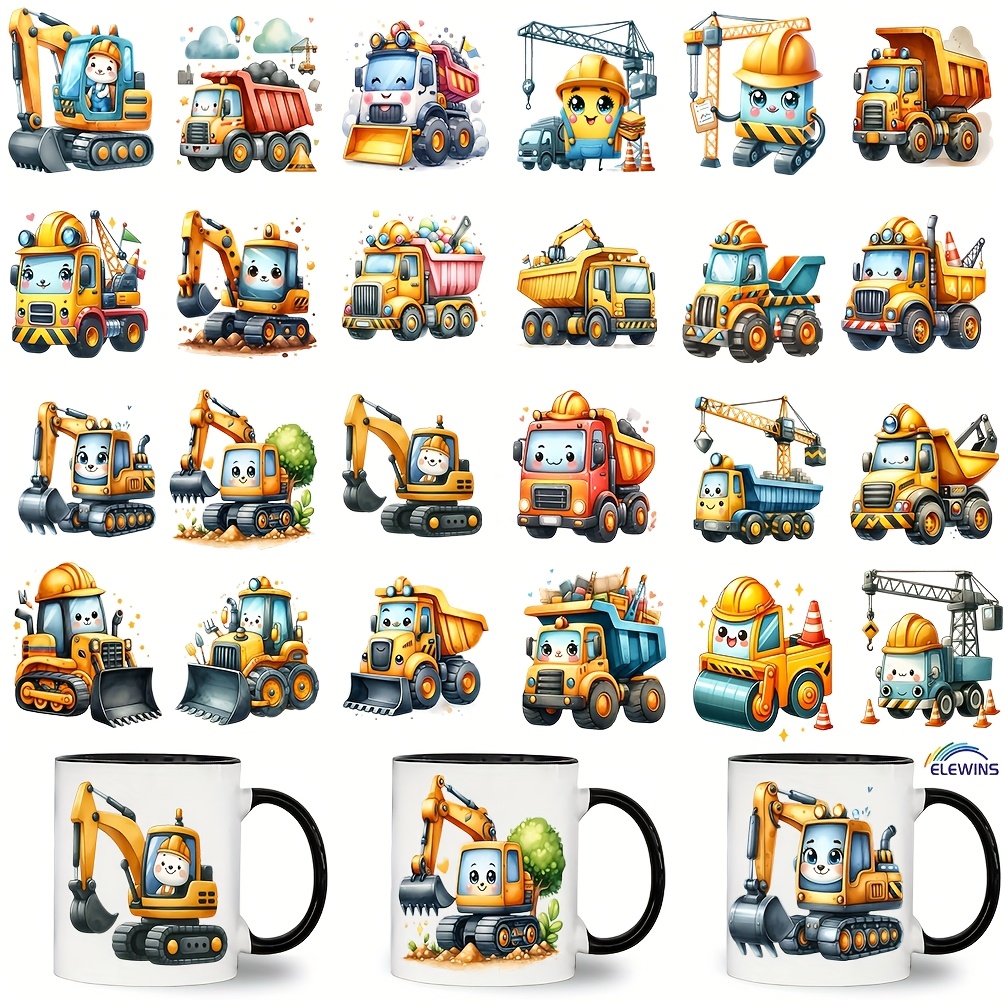 E-shop 24 Stück Niedliche Baufahrzeuge UV DTF Tasse Wraps - UV DTF Tumbler Wraps für Tassen, Ästhetisches Tassen Transferpapier, Spülmaschinenfestes