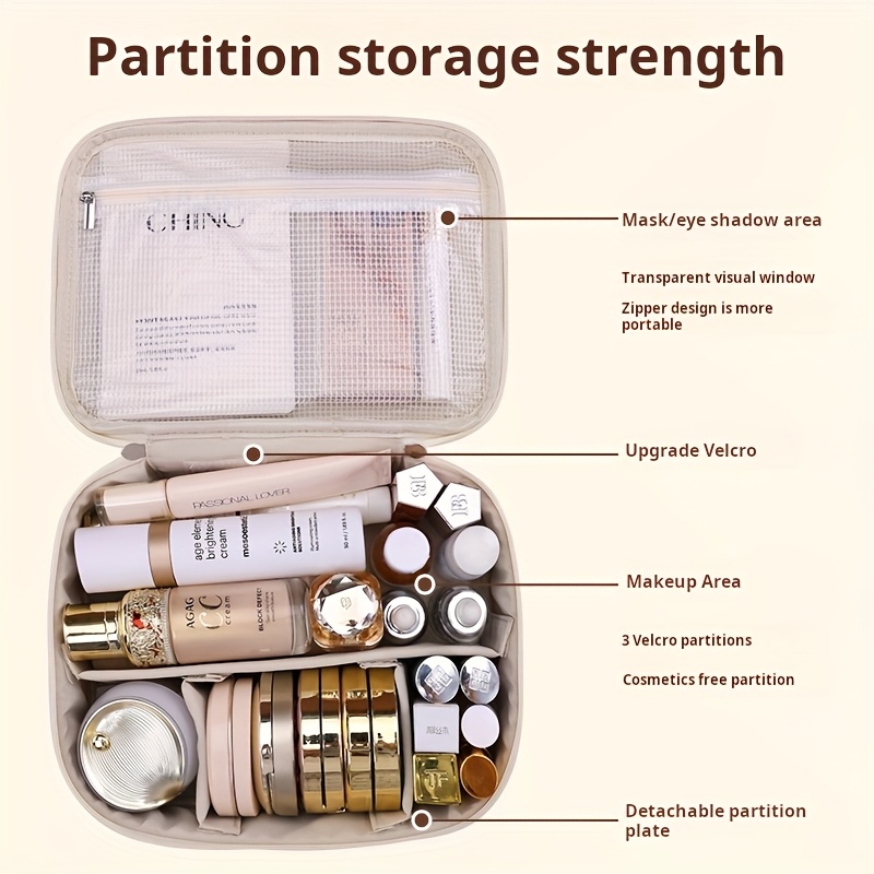 large-capacity multi-tier cosmetic organizer case with detachable brush storage - synthetic leather-like texture makeup bag with golden-tone hardware, beige & black travel beauty storage box with multiple compartments & top opening - unisex portable organizer for  ,   makeup organizer for daily use or travel, durable & stylish design with golden-tone hardware & zippered closure, makeup organizers and storage, colorful cosmetic bag, Product details 4