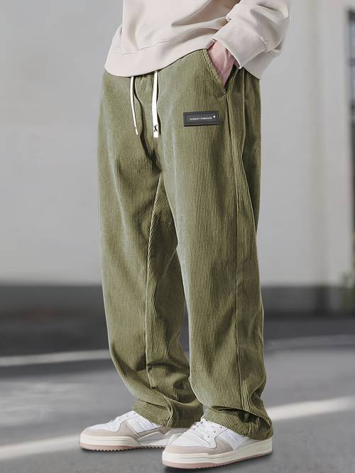 ens corduroy casual trousers solid color waist design with pockets drawstring waist casual regular version