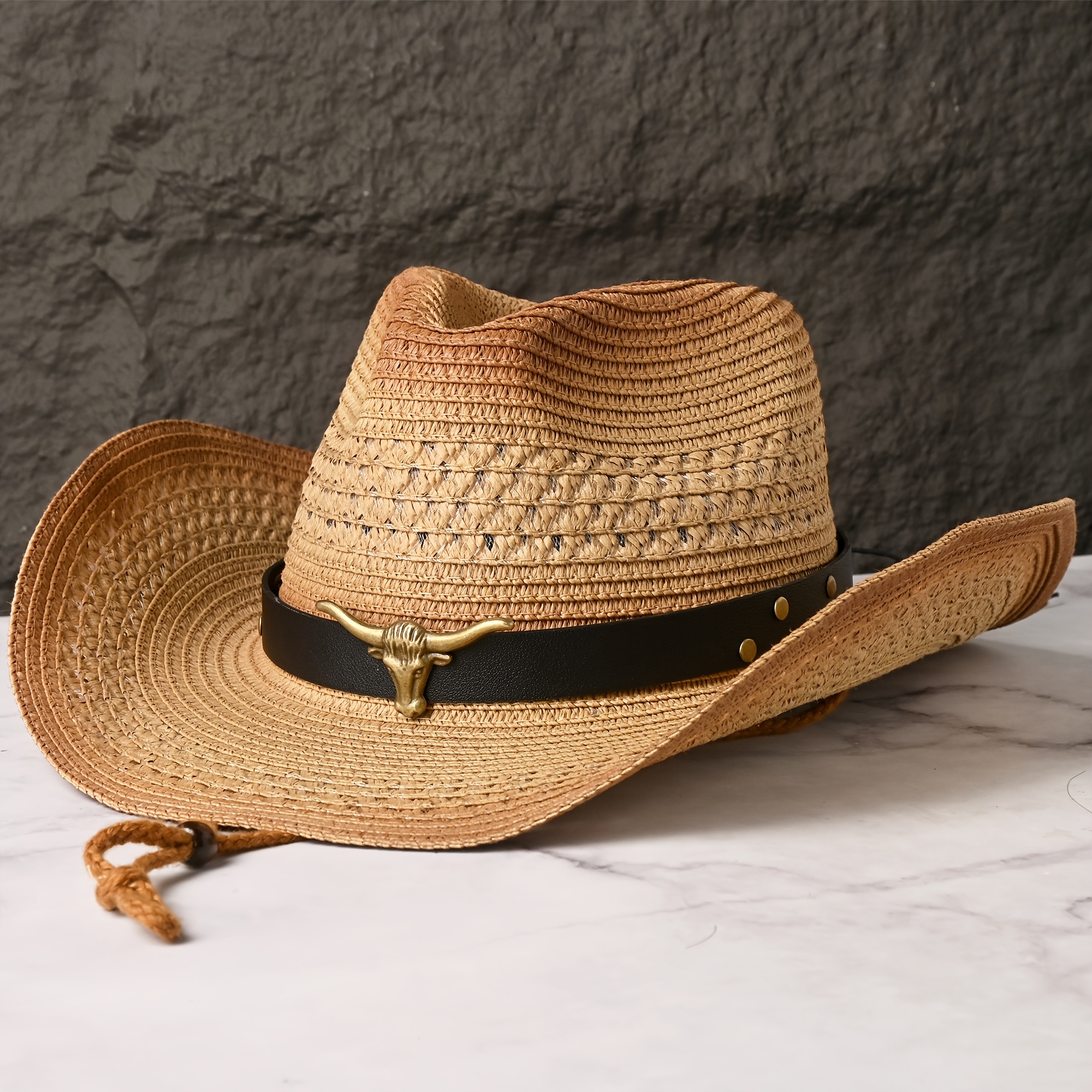 TEMU Classic Western-style Four-stud Cowboy Hat With Belt , Suitable For Men And Women As A Daily Outdoor Sunshade Beach Hat For Spring And Summer