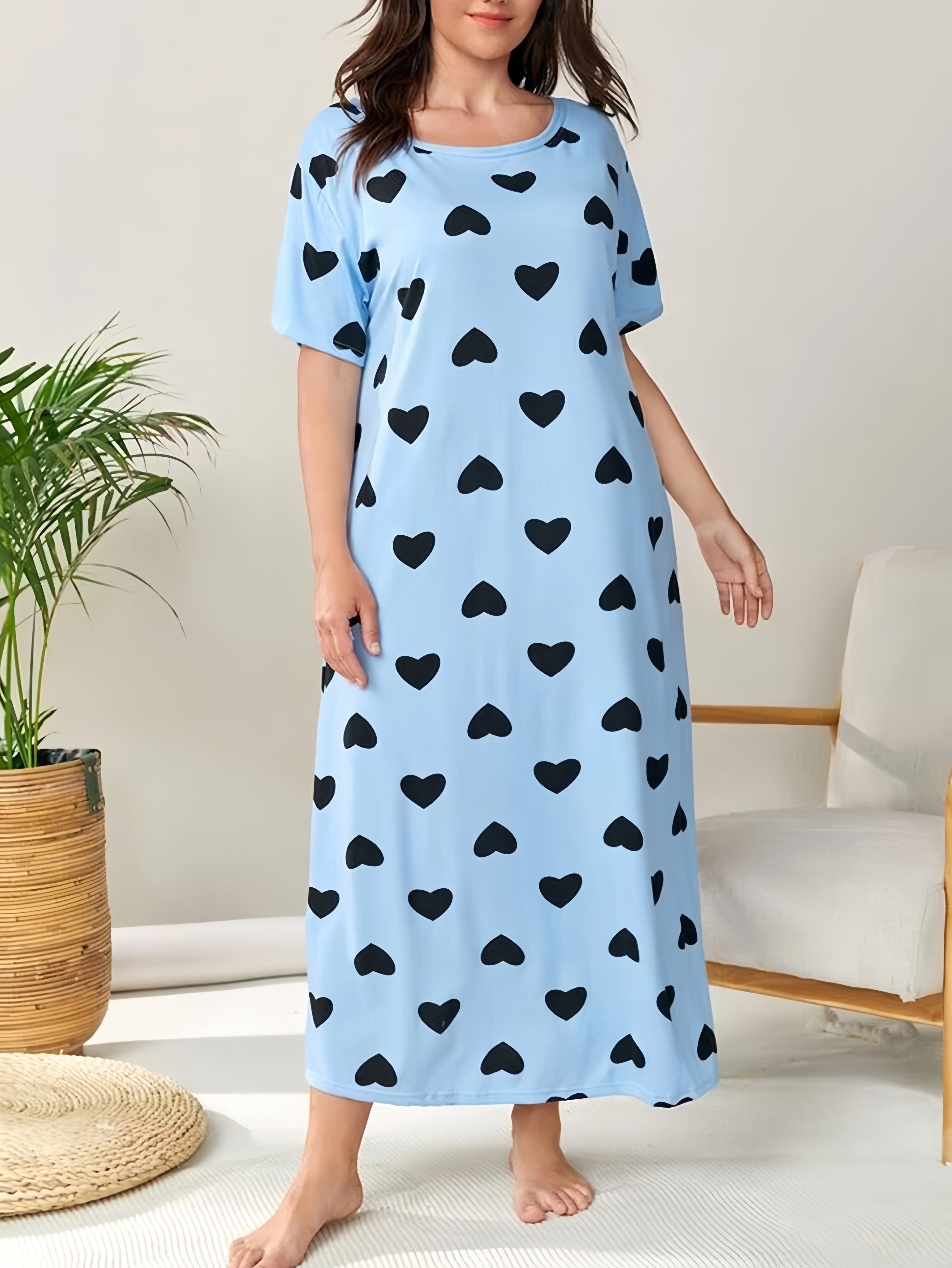 Women's Plus Casual Sleep Dress, Plus Size Heart Print Short Sleeve Crew Neck Nightdress