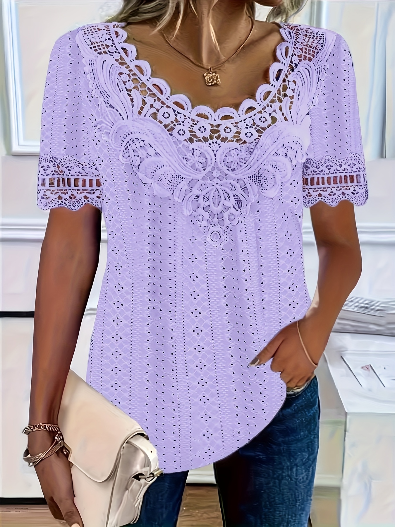 Camisetas Transparentes Mujer Bordadas Camiseta Manga Corta Cuello - Main Image