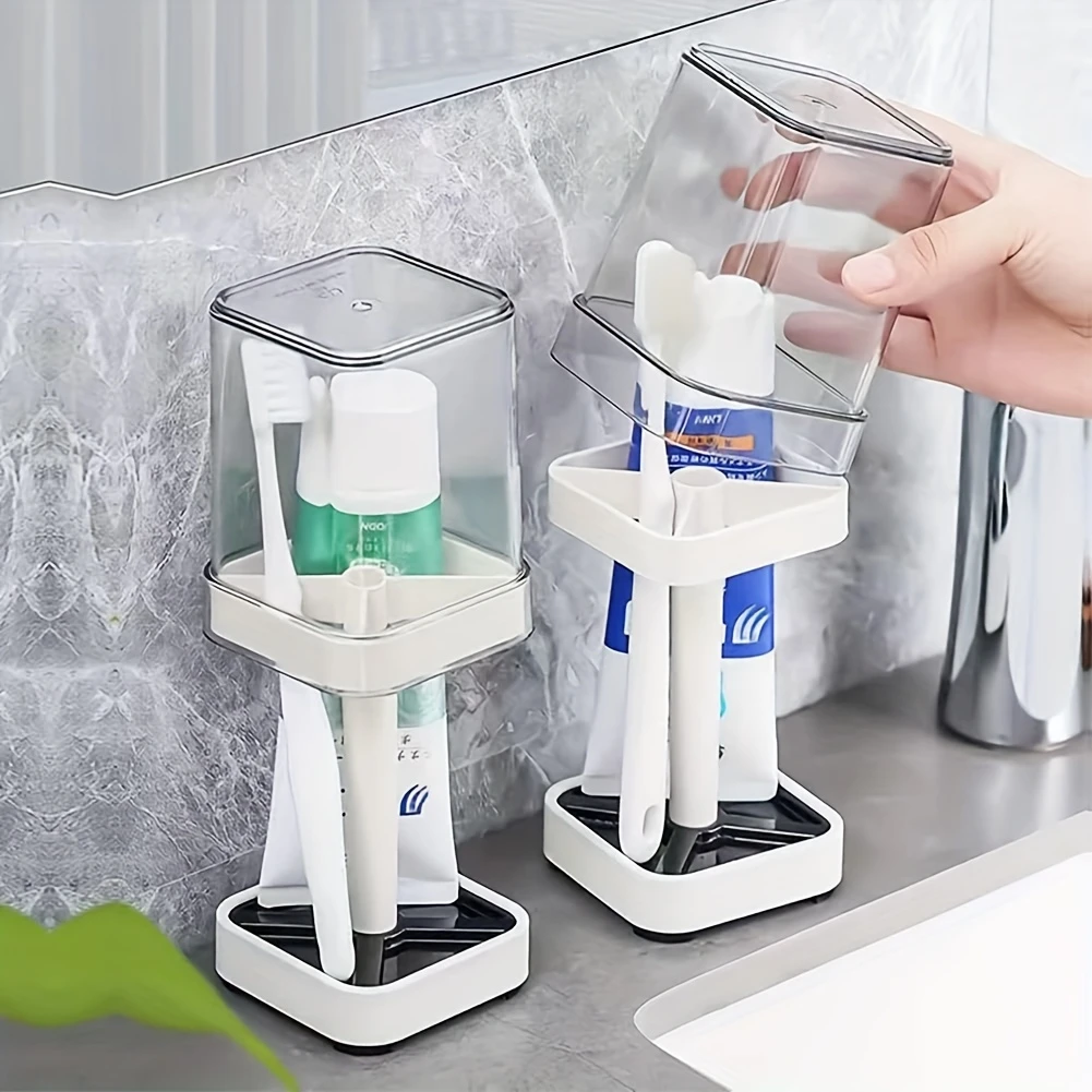 toothbrush holder with cup cover compatible with conventional toothbrushes can store toothpaste toothbrush holder 3 slots toothbrush and toothpaste holder bathroom counter organizer for electric toothbrushes floss razors for family details 1