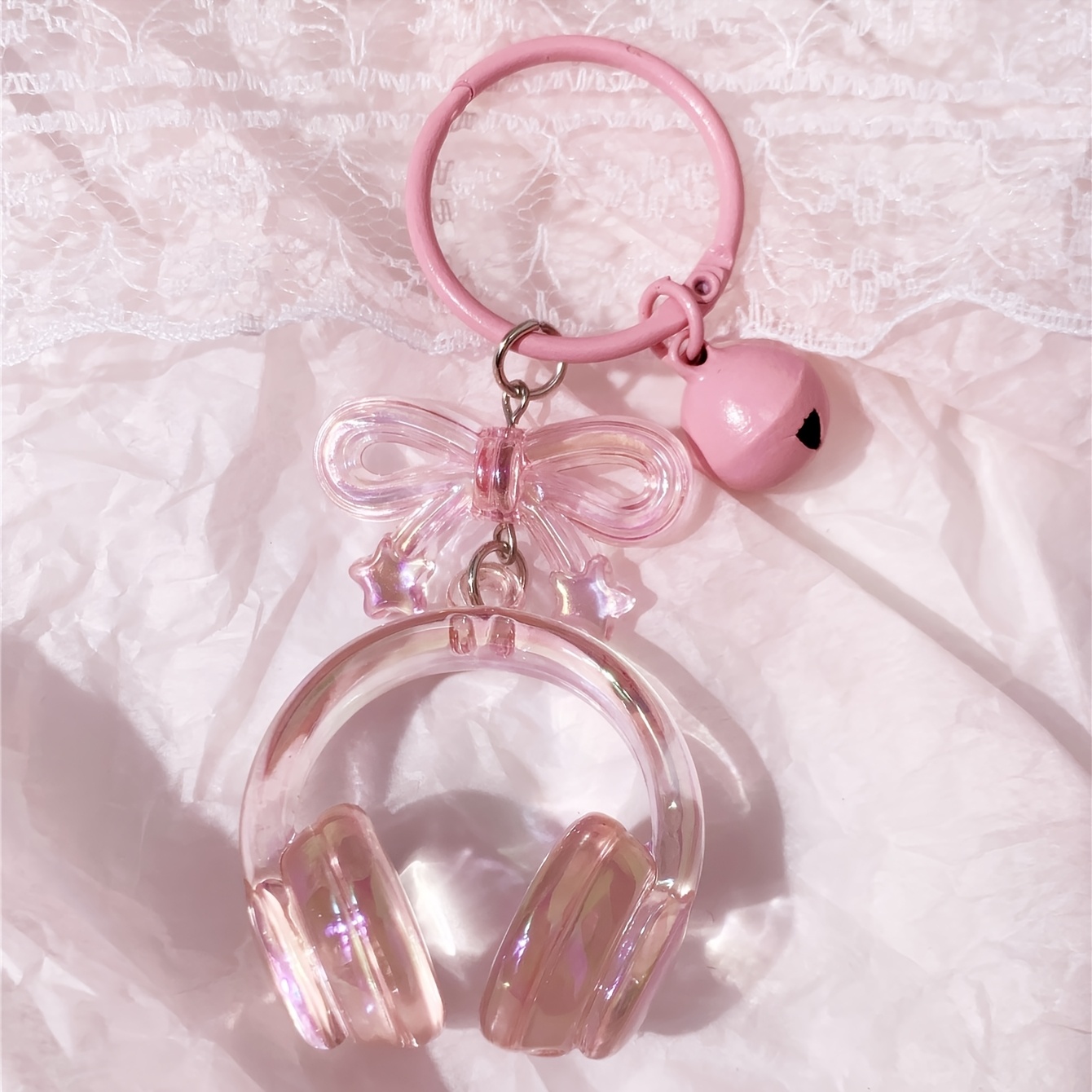 E-shop 1/2 Stk. niedlicher, süßer zarter halbtransparenter Kopfhörer-förmiger Schlüsselanhänger mit Schleife, Band, Glocke, Stern, Rucksack-Anhänger,