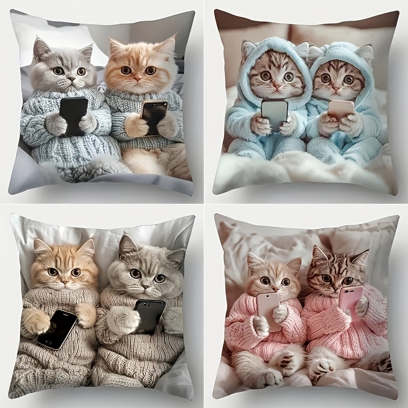 TEMU 4pcs Cute Cat Playing With Phone Pillow Covers, Lovely Style Home Cushions, Double-sided Printed Square Polyester Pillow Cases, Modern Sofa