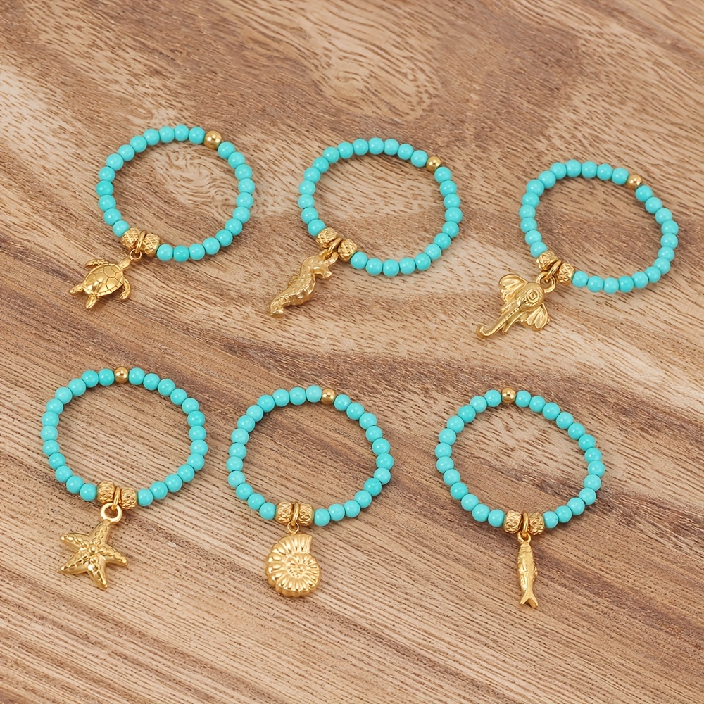 Ocean Style Beaded Ring - Adjustable Turquoise Stone Ring with Charms
