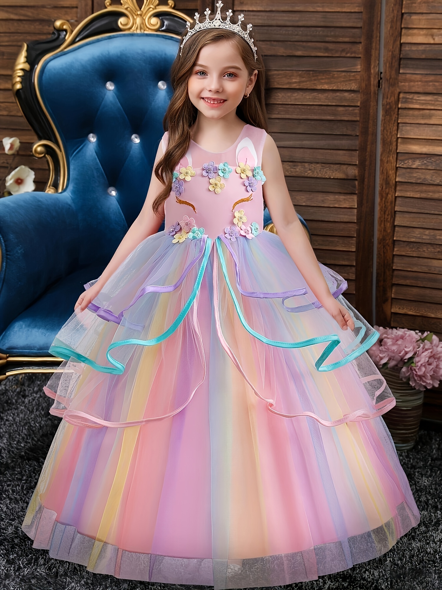 Girls Unicorn Dress Rainbow Fancy Princess Tulle Party Dresses For Party