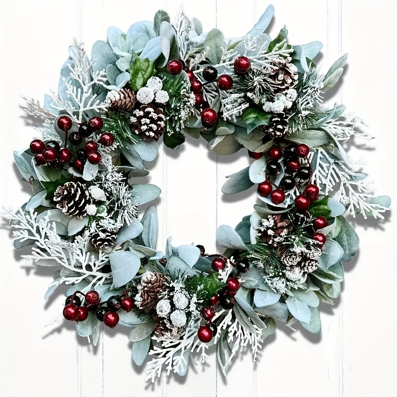 Image of Winter Christmas Wreath With Blue - Green Foliage & Red Berries, Elegant Front Door Decor For