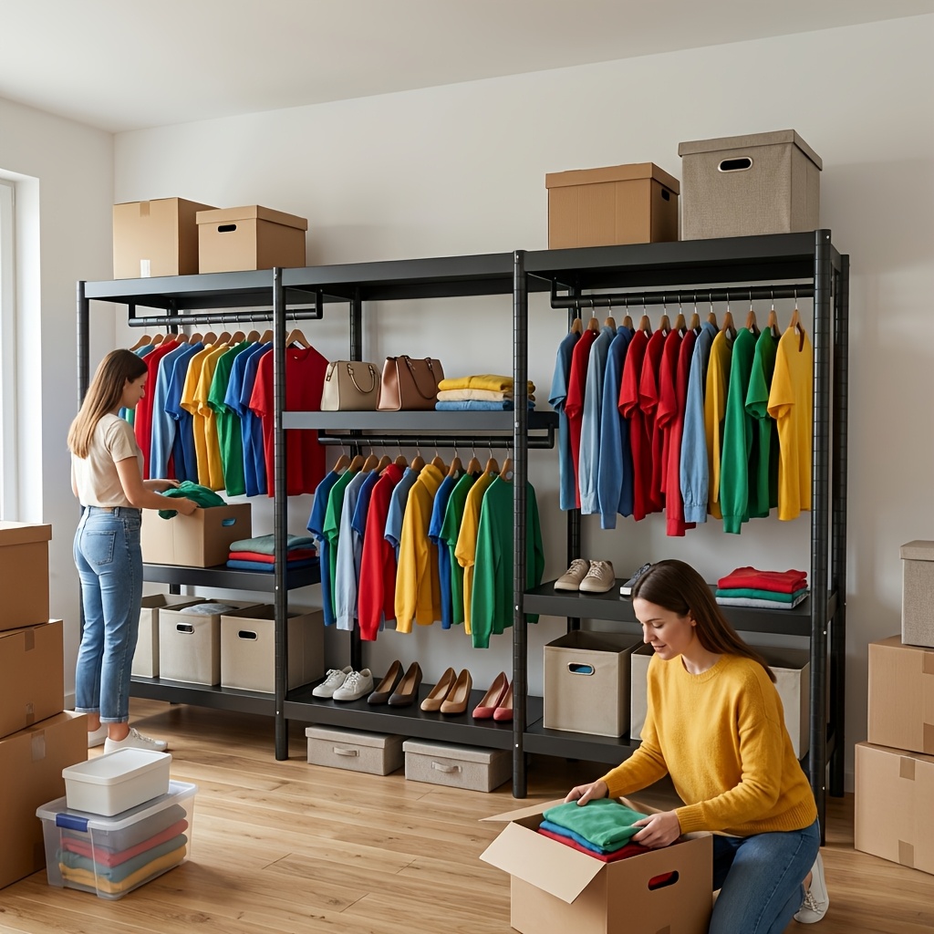 Image of Heavy Duty Metal Garment Rack, Freestanding Portable Closet Wardrobe With 3 Hanging Rods And 9 Plate Storage Zones, Rust Resistant Full Steel Construction, 1300lbs, Organizer For Home Garage Warehouse