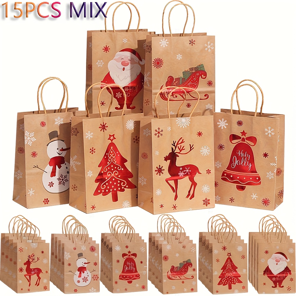 TEMU Gift For Her/him 15/30pcs Holiday Paper Christmas Gift Bags With Handles, Featuring Of Reindeer And Festive Designs, Portable Paper Gift Bags,