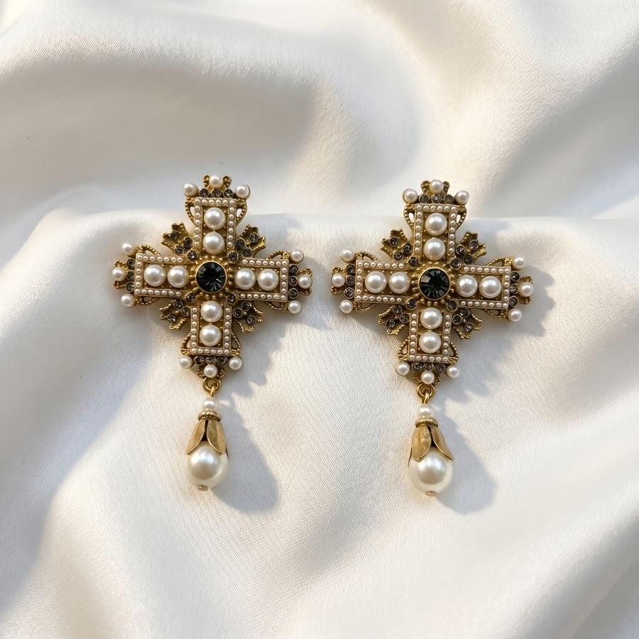 TEMU 1 Par Collar Medieval Cuentas Cruz y Borla, Collar de Lujo Estilo con Colgante de Cuentas, Aretes para Mujer