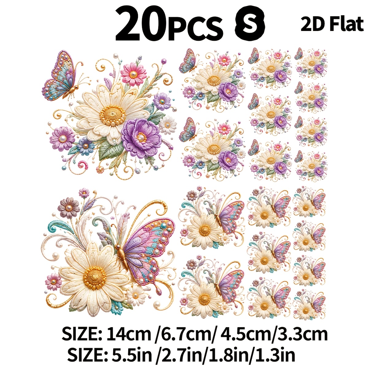 TEMU 20pcs Simulated 2d Flat Heavy- Embroidery Purple And White Chrysanthemum Set, With Pearl Accents And Gemstone Inlays, Dtf Heat Transfer Iron-on,
