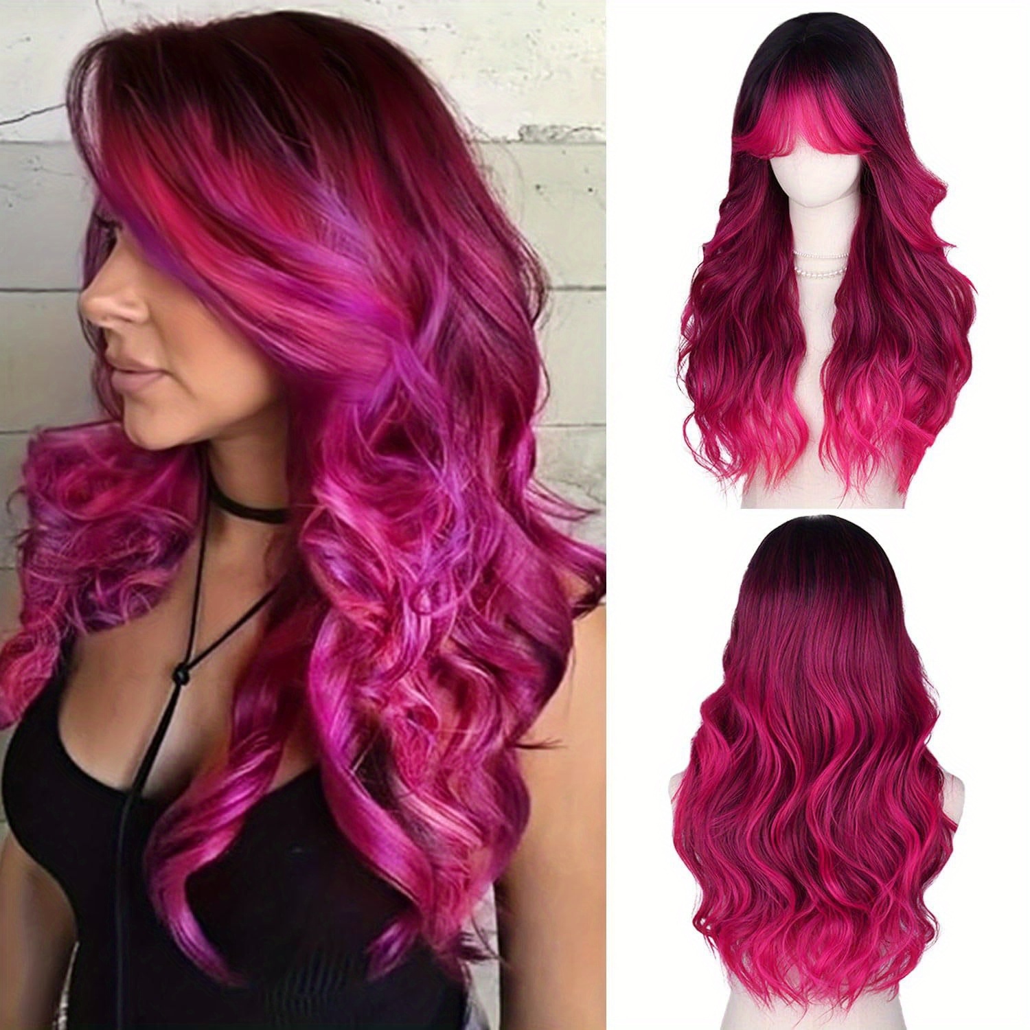 Image of Hot Pink Wigs Curly Wave Wigs With Bangs Rose Red 28 Inch Heat Resistant Fiber Long Wavy Synthetic Wigs For Women For Halloween Party,, Cosplay, Wedding, Concert, Daily Use