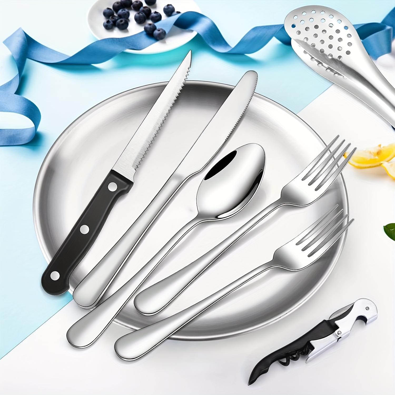 personalized customization camping silverware set including knives forks spoons plates cutlery storage bags picnic set stainless steel plate spoon clip and serrated knife bottle opener camping kitchen barbecue golden and silvery   thanksgiving Product details 0