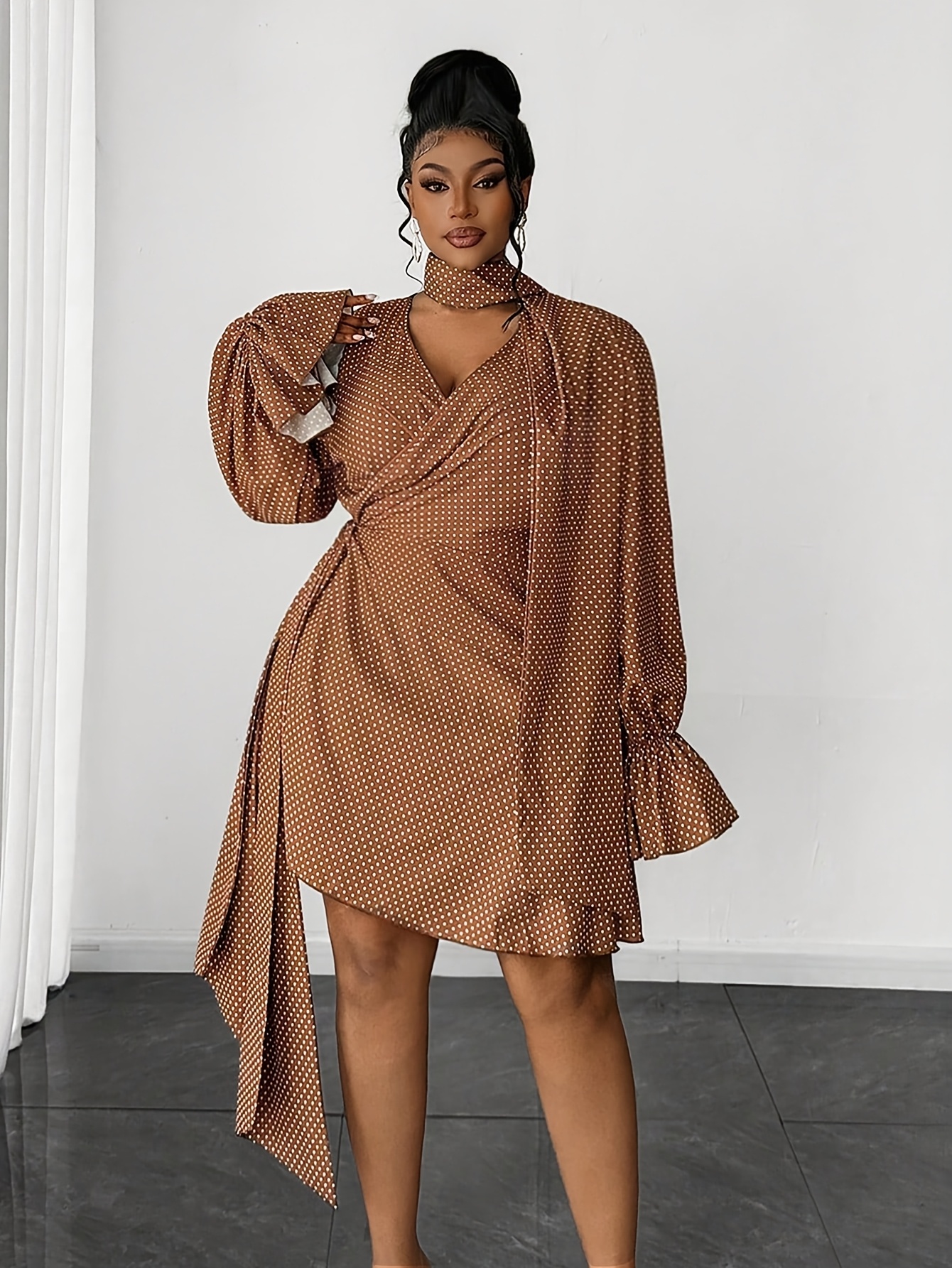plus size brown polka dot dress classic elegant size:xxs VOLUPTÉ CURVE Plus Size 40_small_bf Wrap dress this versatile piece can