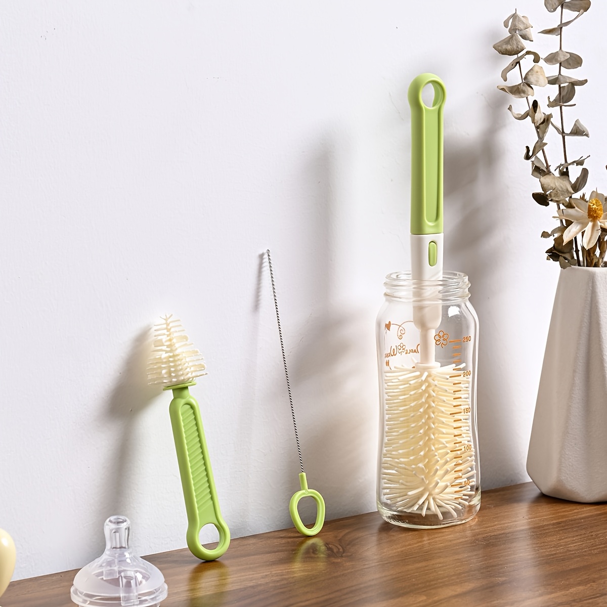 Silicone Bottle Brush Set, Including Handle, for Cleaning Nipple, Suction Straw and Cup Mouth