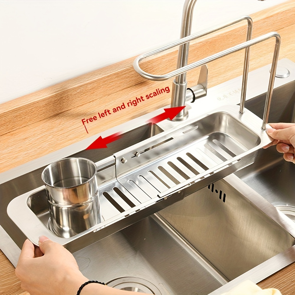 

Adjustable Stainless Steel Faucet Drain Rack - Kitchen Sink Organizer With Drip Tray For Sponges, Brushes & Towels