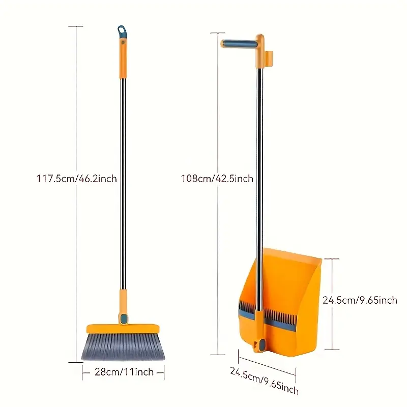1 set heavy-duty rotatable broom and dustpan with long handle, ergonomic grip & rotating mechanism - heavy-duty floor sweeper system with removable dustpan & broom heads for hard floors, carpet-like - ideal for home, kitchen, office, back-to-school cleaning - space-saving design (white/black, blue, orange, red, grey) - compatible with trash bags, broom with dustpan, hard bristle broom for cleaning, outdoor pavement sweeper and dustpan, sweeper broom, Product details 0