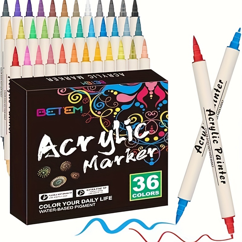 

36 Colors Acrylic Paint Markers Paint Pens, Dual Tip Pens With Fine Tip And Brush Tip, Ideal For Canvas, Wood, Rocks, Glass, And More - Great For Art Projects, Diy Crafts, And School Supplies