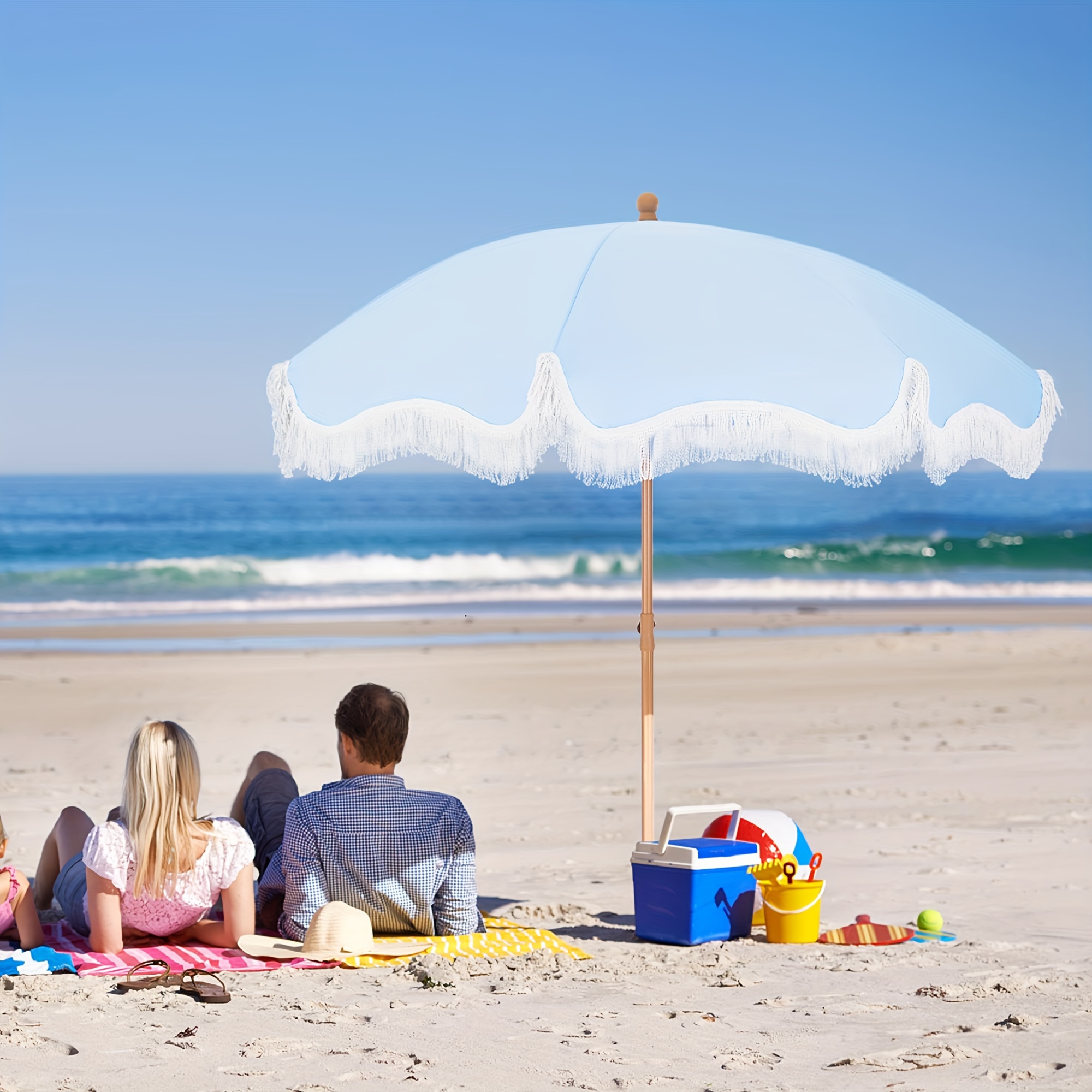 

Outdoor Umbrella With Tassels, 7ft Beach Umbrella, Uv 50+ Picnic Umbrella Outdoor Patio With Carry Bag, Light Blue